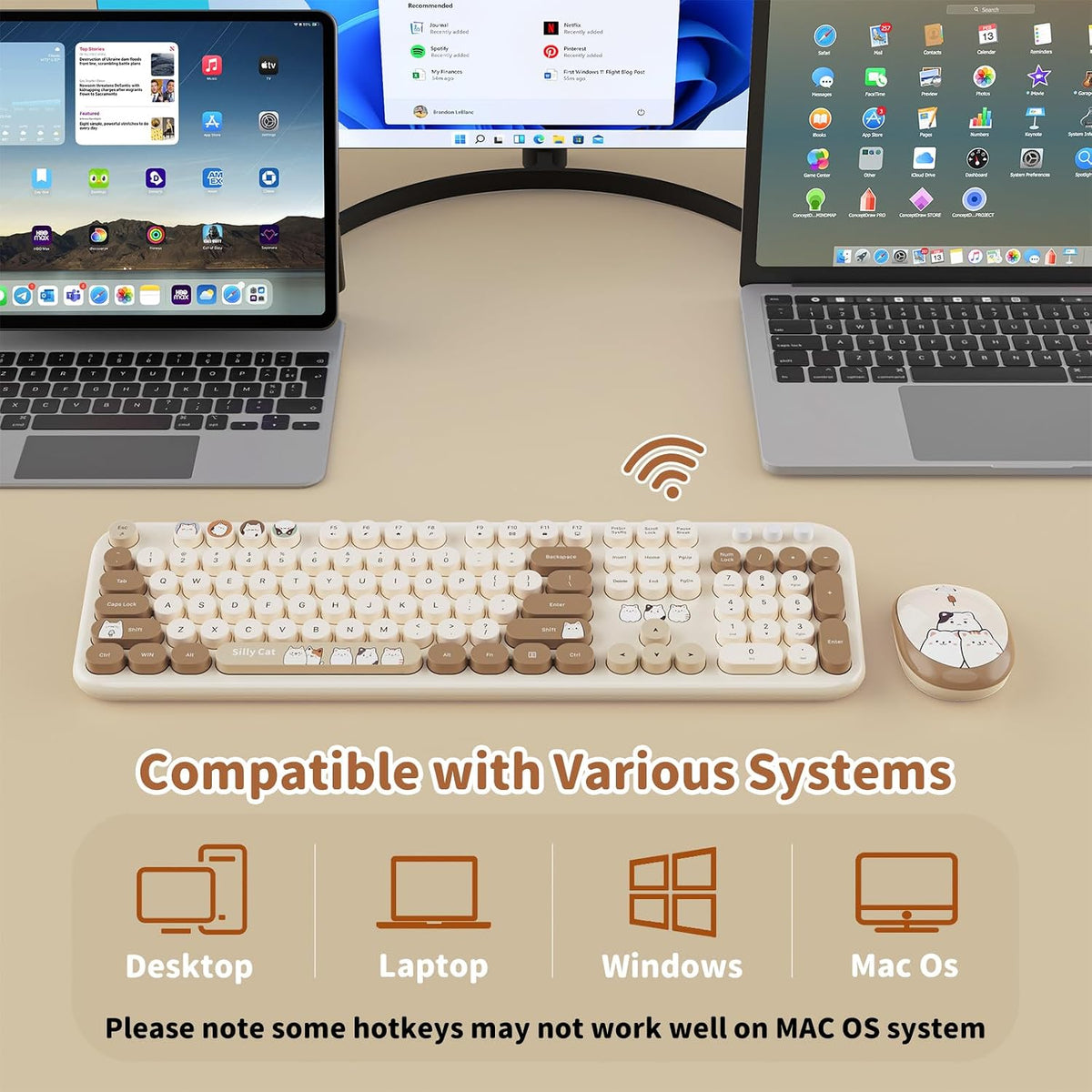 Wireless Keyboard and Mouse Combo, 2.4GHZ Typewriter Retro Full Size Keyboards, Cute Colorful Computer Keyboard and Wireless Mouse for Laptop/Desktop/Windows/PC (Milk Tea Colorful)