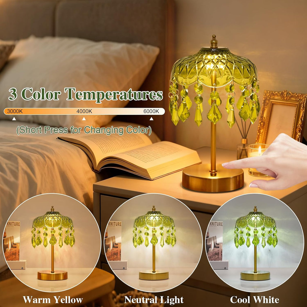 Cordless Crystal Table Lamp, 6000mAh, Touch Dimmable, 3-Color
