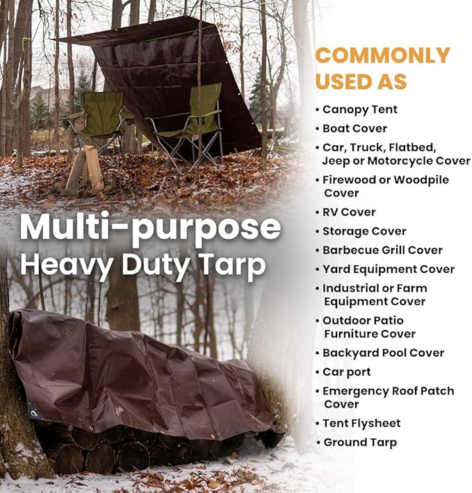 WHITEDUCK Super Heavy Duty Poly Tarp Cover 16 Mil & 10 Mil with Grommets and Reinforced Edges (Brown, White & Silver Black) (Brown- 16 Mil, 10' x 10')