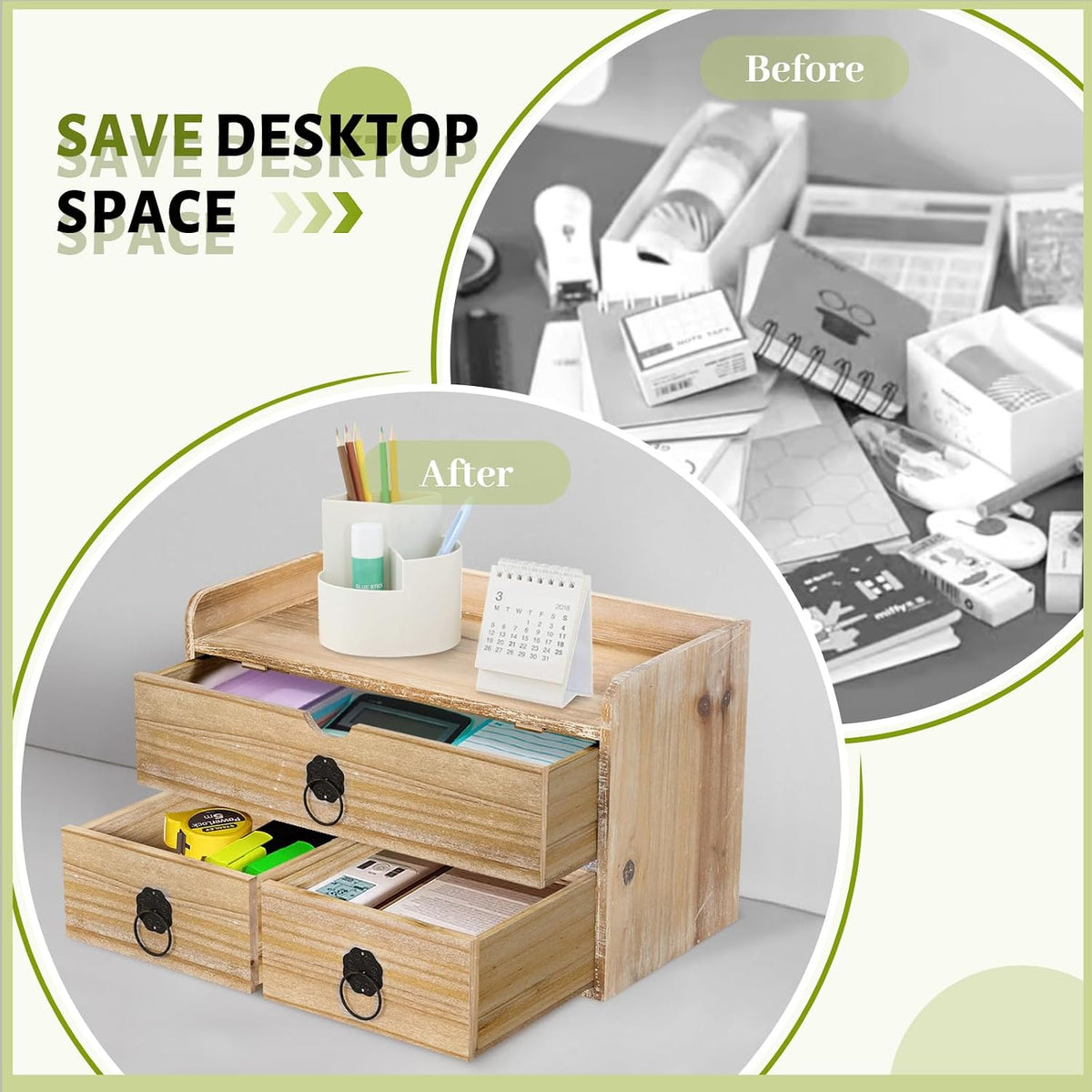 Washed White Wood Desk Organizer, Mini Desktop Organizer with Drawers, Tabletop Storage Organization for Home Office Supplies Vanity, No Assembly Required (3 Drawer and Shelf)