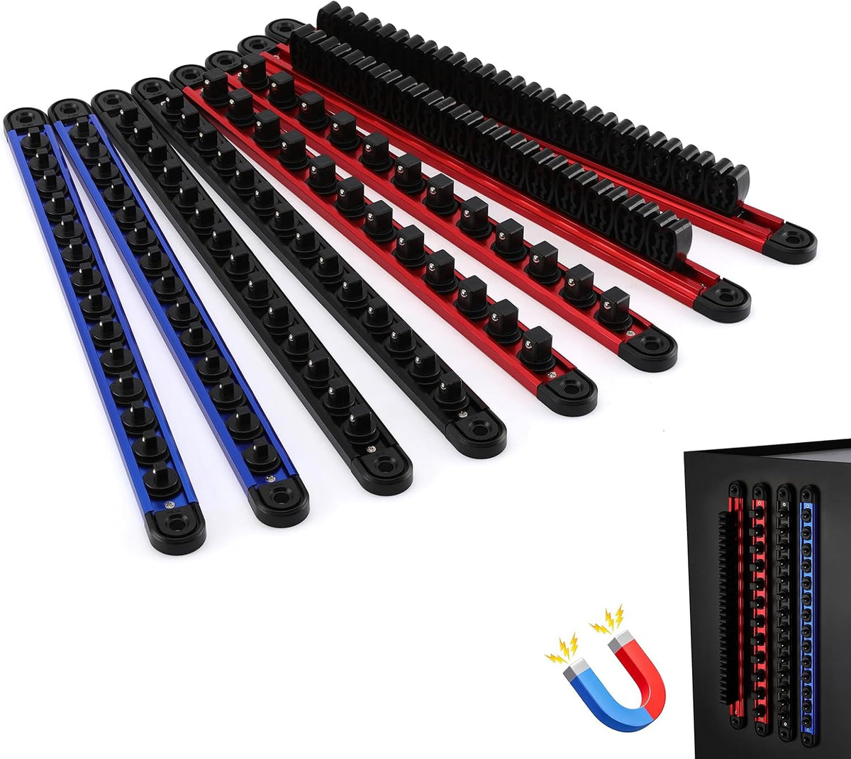 Mayouko 8-Piece Magnetic Socket Organizer and Magnetic Screwdriver Organizer Set, 6-Piece 1/4", 3/8" & 1/2" Drive Socket Rails, 2-Piece Wrench Organizer, Aluminum Rail Magnetic Tool Organizer