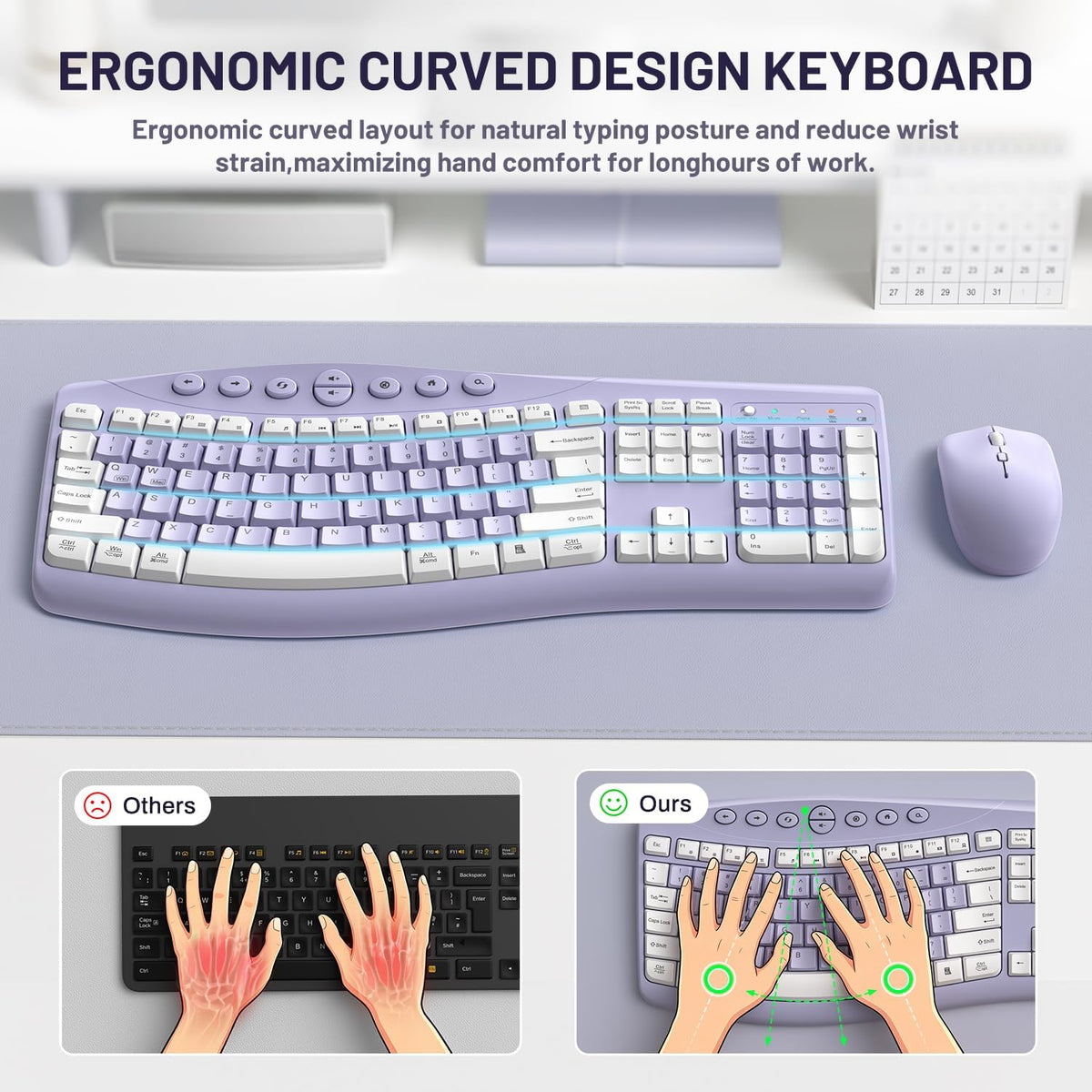 Wireless Keyboard and Mouse Combo Silent Ergonomic Curved Design for Office