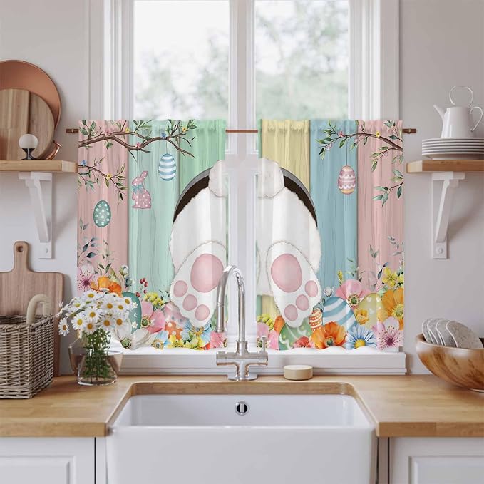 Easter Kitchen Tier Curtains 45 Inch Long 2 Panel Set, Rod Pocket Short Window