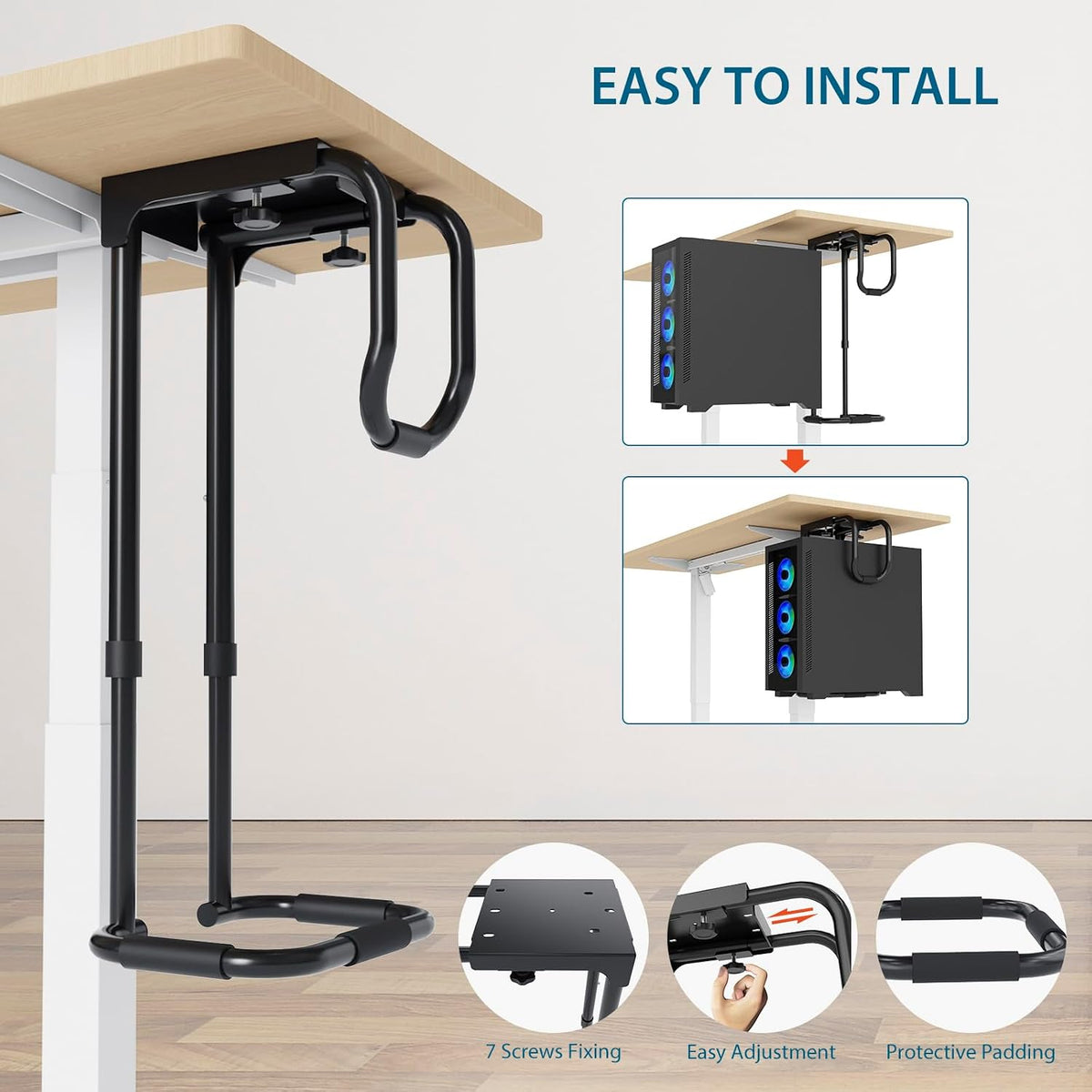 Univivi Heavy Duty Single Arm Under Desk PC Mount, Adjustable Width, Black