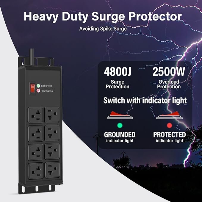 CCCEI Black Heavy Duty Power Strip Surge Protector 20 AMP, 8 Outlets 12 Gauge Industrial Shop Garage Metal Multiple Outlets, 4 FT Extension Cord 5-15P Adapter High Amp 6-20R T-Slot 20a for Appliance