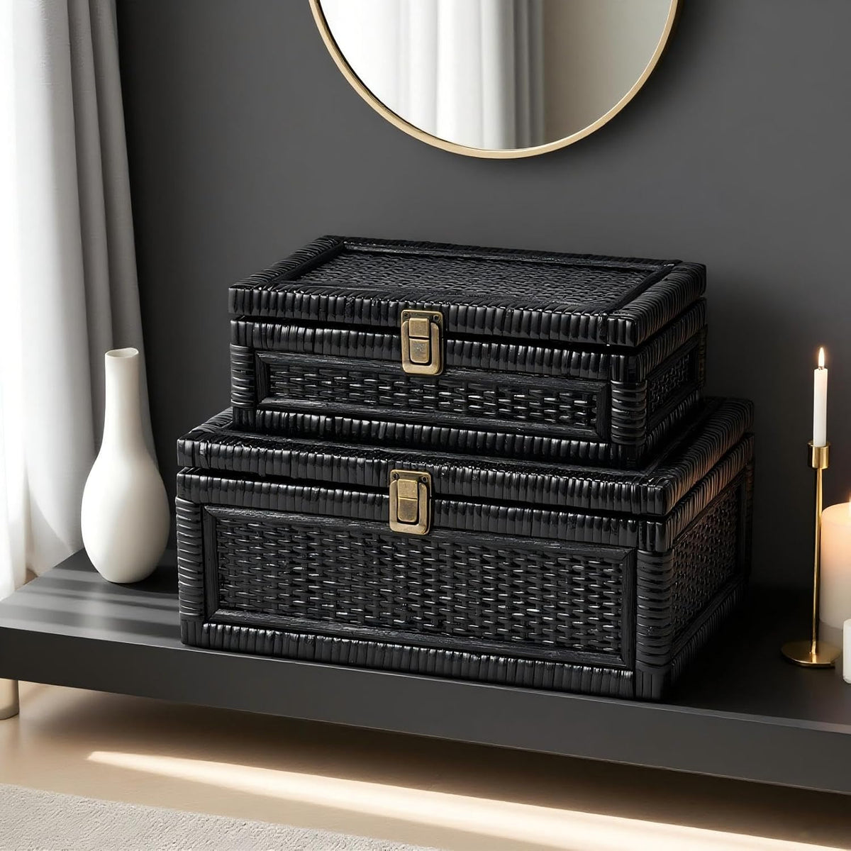 2PCS Rattan Box with Lid Decorative Natural Handmade Boho Basket