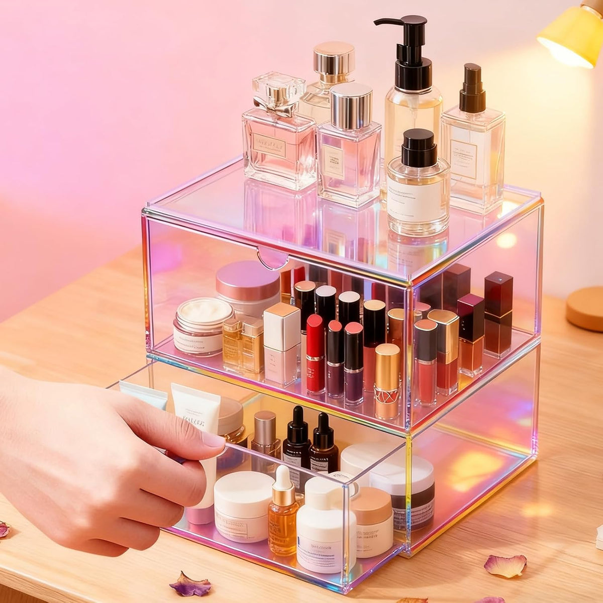 Acrylic Desk Organizer with Drawers Stackable Makeup Organizer for Vanity Office Countertop Cosmetic Display Cases Makeup Storage Box, Iridescent Rainbow