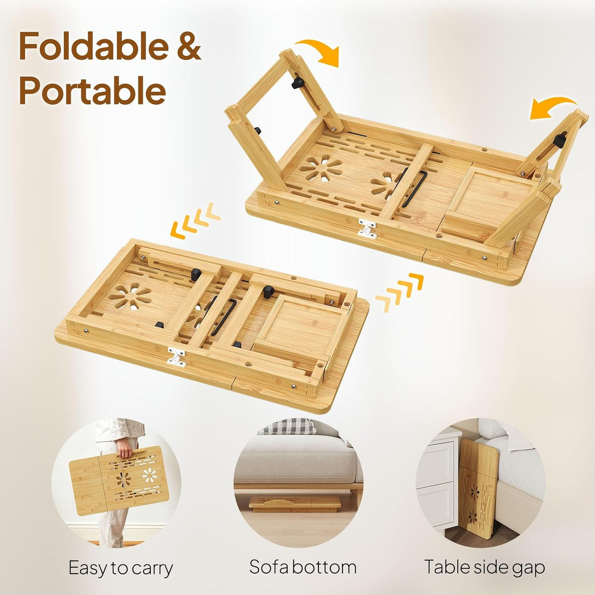 Bamboo Laptop Desk for Bed, Height & Angle Adjustable Foldable Lap Desk