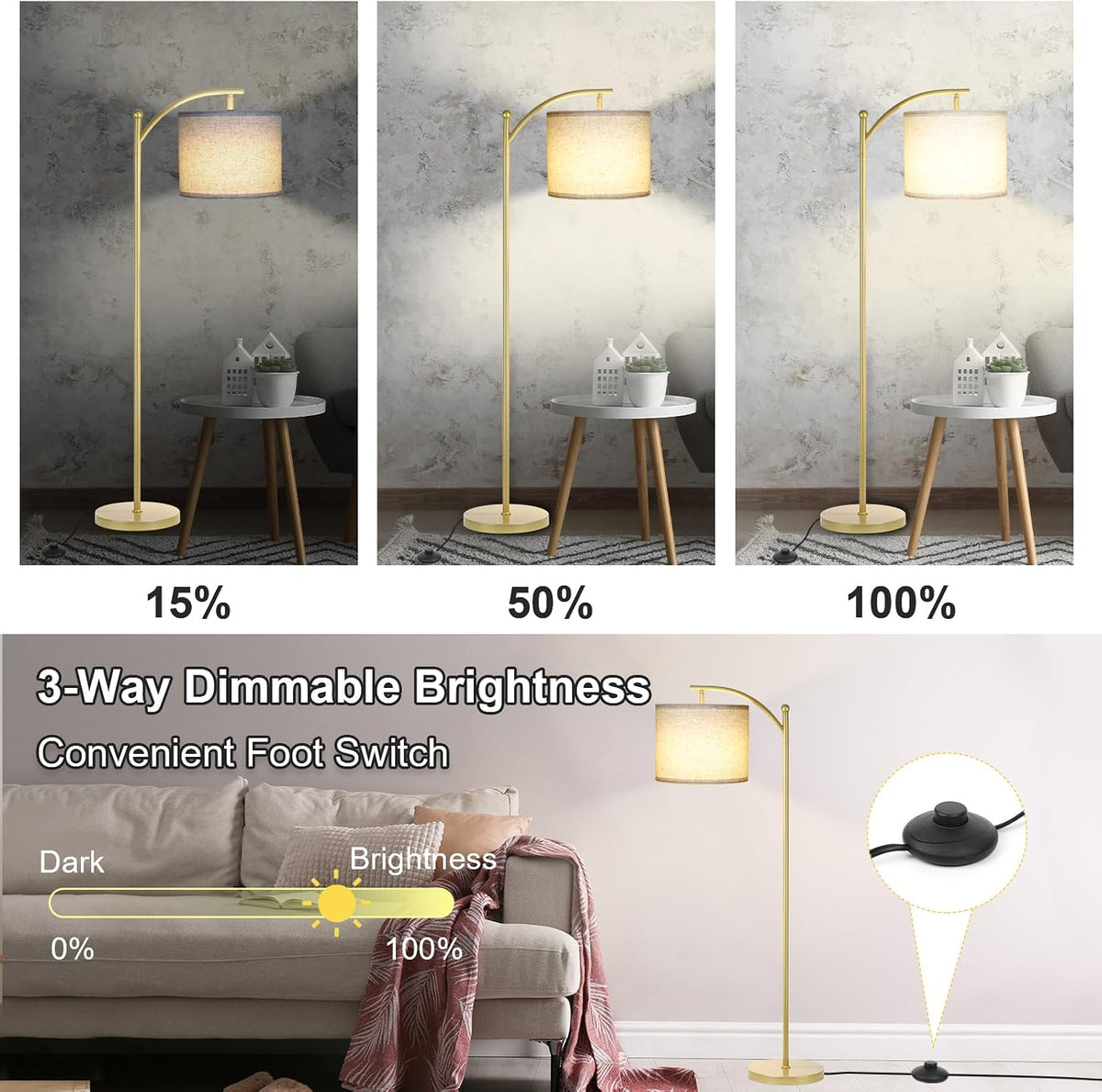 LALISU Standing Floor Lamp for Living Room, Linen Shade Floor Lamp, Gold