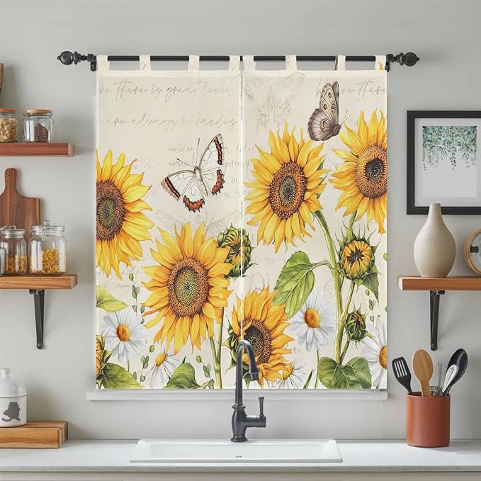 Farm Sunflowers Living Room Curtains 84 Inch Length, Window Curtains Tab Top