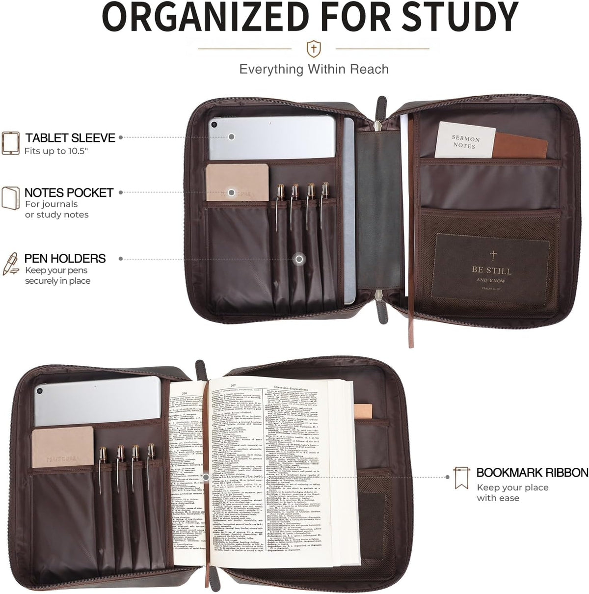 Polare Full Grain Leather Bible Cover Church Bag Bible Protective Book Holder Carrying Case Folder Organizer Portfolio, Dark Brown