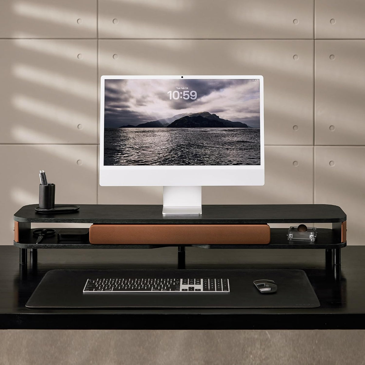 Fenge Dual Monitor Stand with Large Storage Drawer, 42.5" Desk Shelf, Black