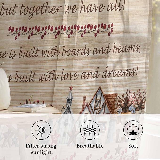 Farmhouse Sheer Curtains 54 Inch Length Brown Country Star Berry Vintage Wood