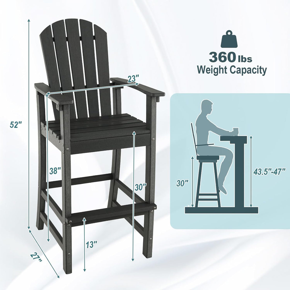GIANTEX Outdoor HDPE Bar Stool, Tall Adirondack Chair with Armrests and Footrest, 30 Inches Counter Height Bar Stool for Garden, Backyard, Weather Resistance, Easy Maintenance (1, Black)