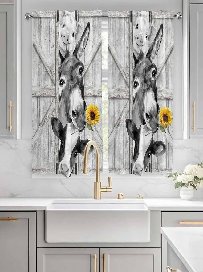Grey Farmhouse Bedroom Curtains 63 Inches Length, Vintage Sunflowers Animals
