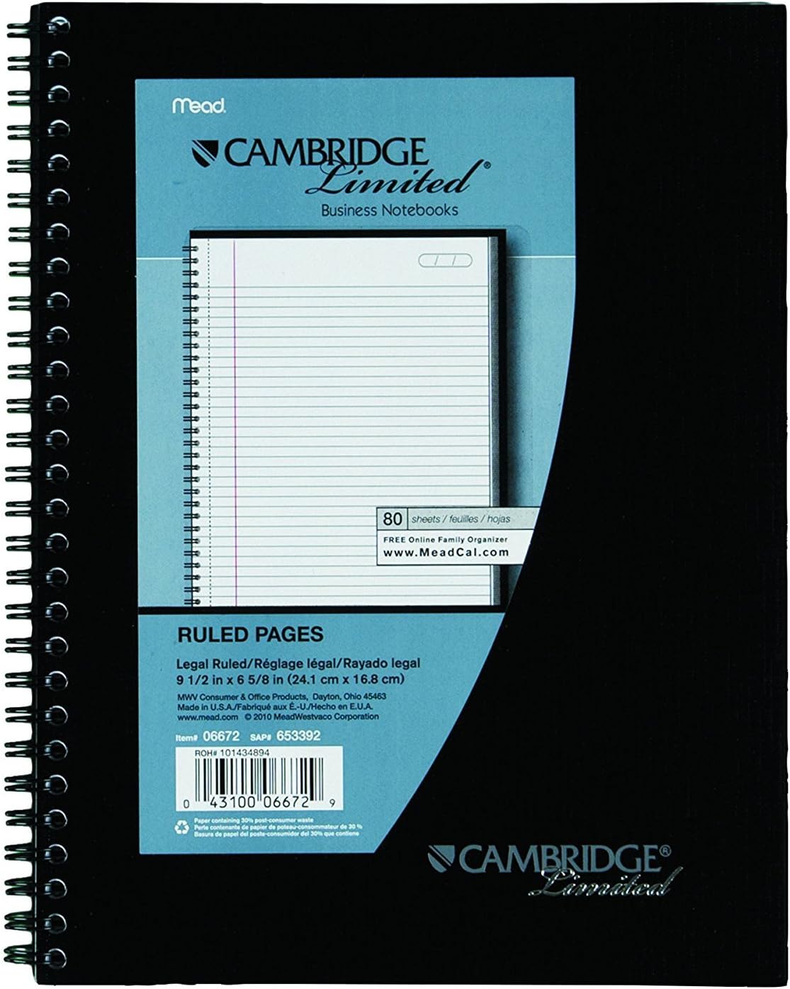 6 Pack of Mead Cambridge Wirebound Business Notebook, Legal Rule, 6 5/8 x 9 1/2 Inches, White, 80 Sheets per Pad (06672)