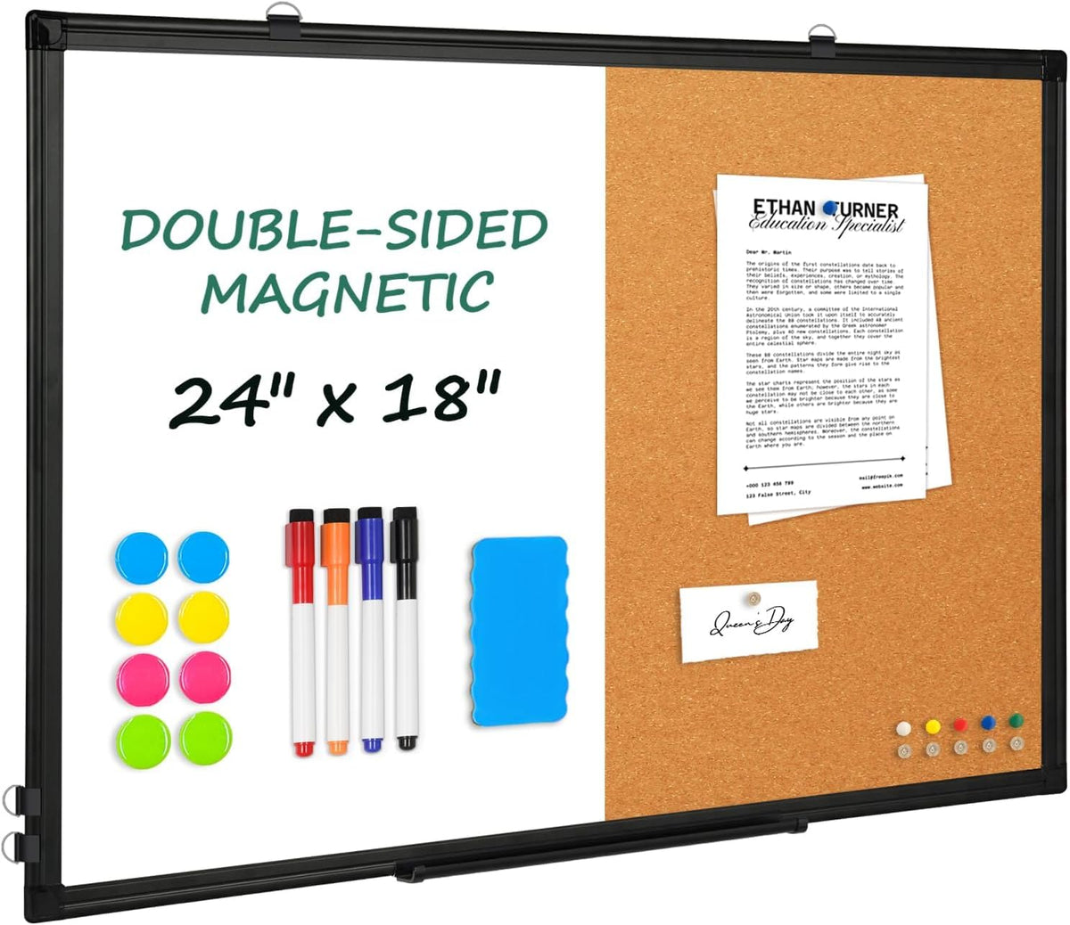 White Board Cork Board Combo for Wall, Double Sided Magnetic