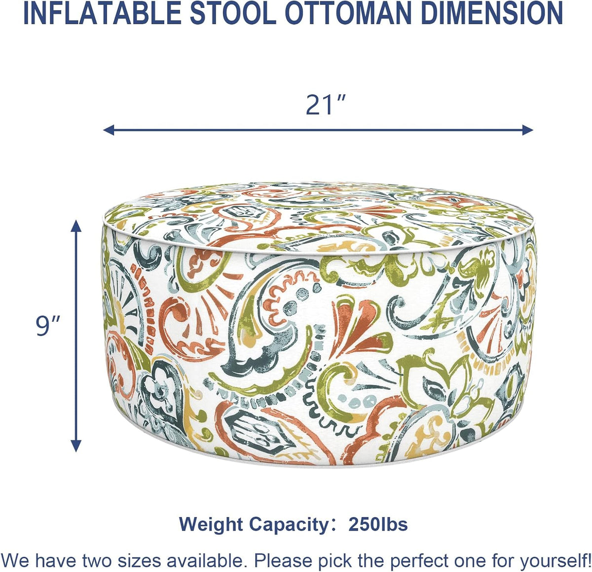 Outdoor Patio Inflatable Ottoman, 21x9 Inch Portable Stool Ottoman with Handle, Round Footrest Stool for Home Garden Camping, Paisley Botanical