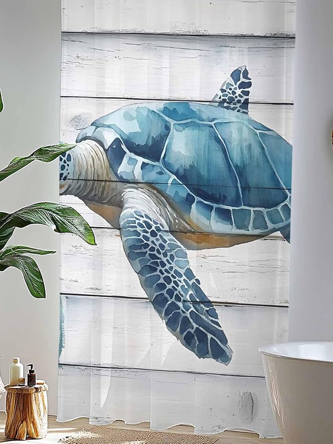 Sheer Curtains 84 Inches Long, Sea Turtle Blue Semi Sheer Curtains Light
