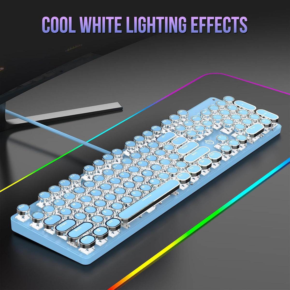 Typewriter Mechanical Gaming Keyboard with White Light Backlit Red Switches, 104 Keys Retro Round Keycap, Wired Typewriter Style Comfortable Typing Soud (Blue)