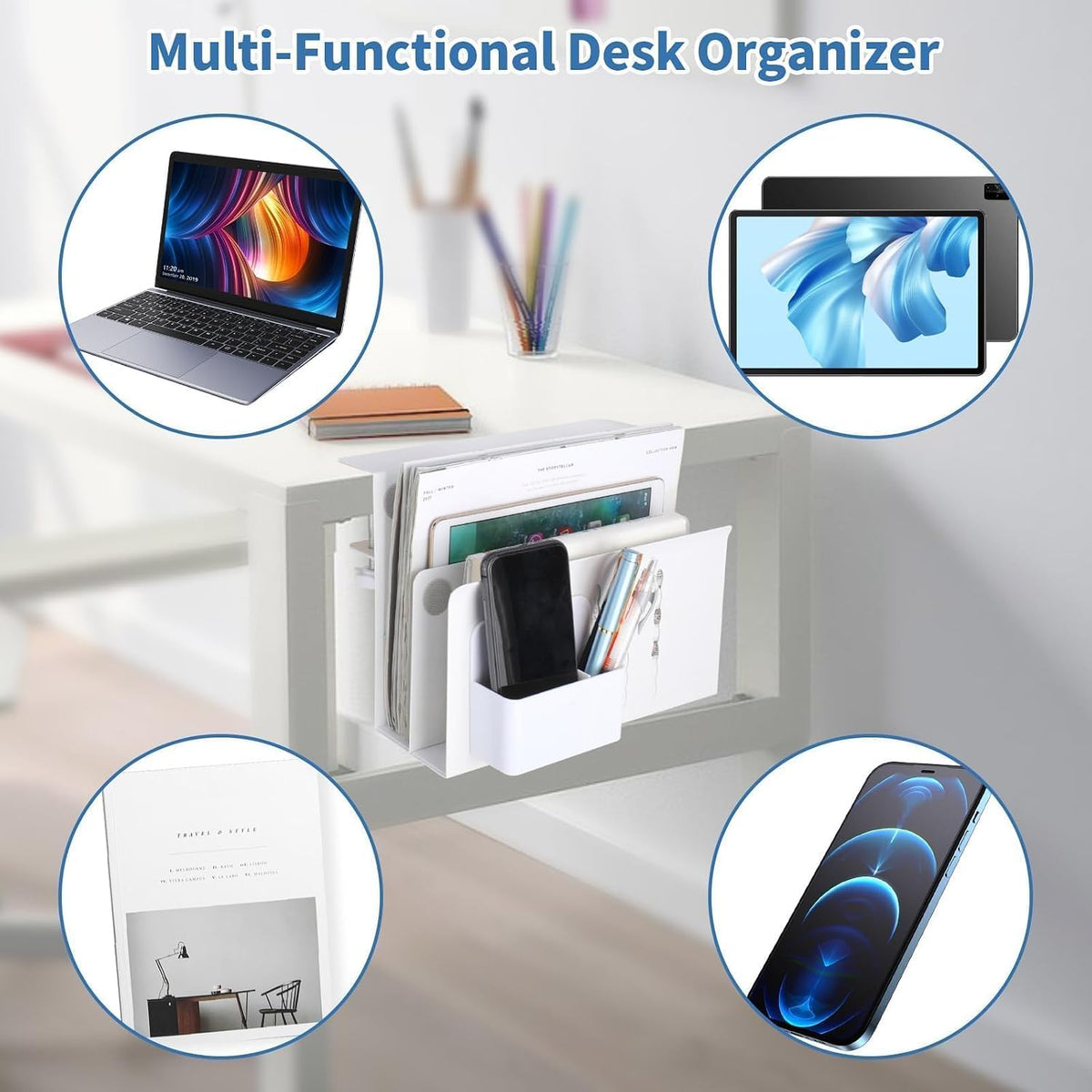 2 Tie Desk Side Storage, Under Desk Laptop Holder, White
