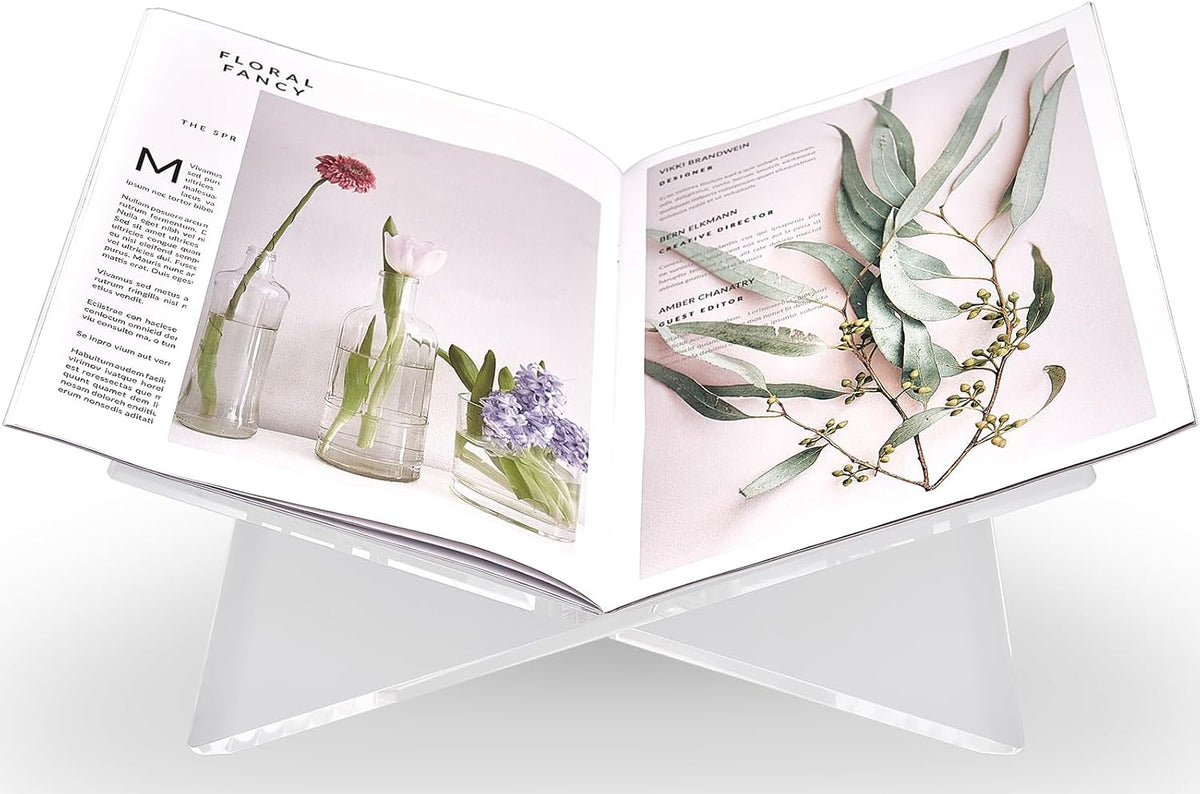 Honygebia Clear Acrylic Book Stands - Cross Frame Acrylic Book Holder, Open Bookstand for Display and Reading, Suitable for Art, Bible, Cookbook, Easel, Magazine, Textbooks 12.5" x 9.5" x 5.5"