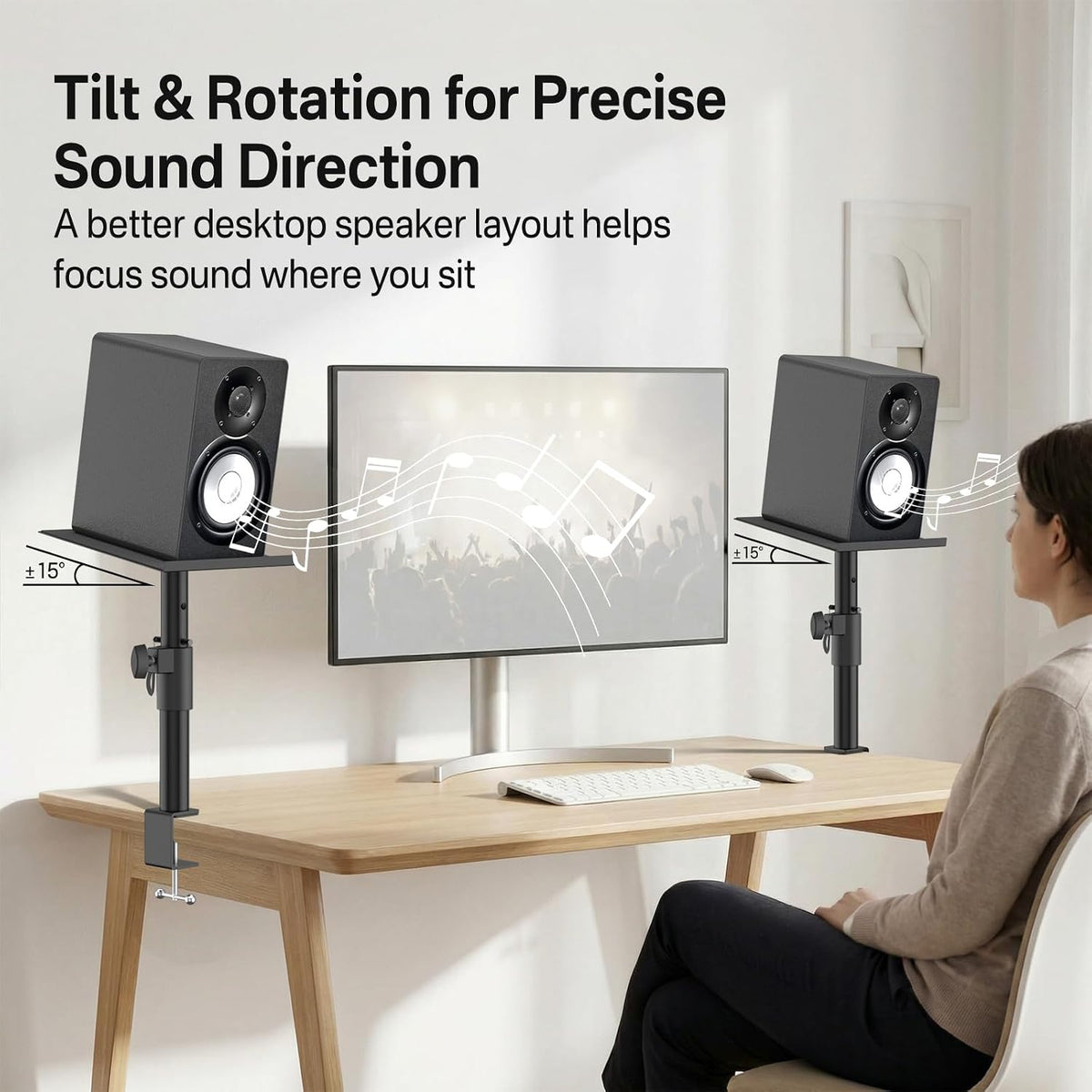 Clamp-On Desktop Speaker Stand Pair, Heavy-Duty 9.3" x 8.9 Plate for Edifier, KRK, Klipsch, Yamaha, Samsung HW-Q Series, Height&Angle Adjustable Bookshelf Speaker Stands, Built-in Cable Management