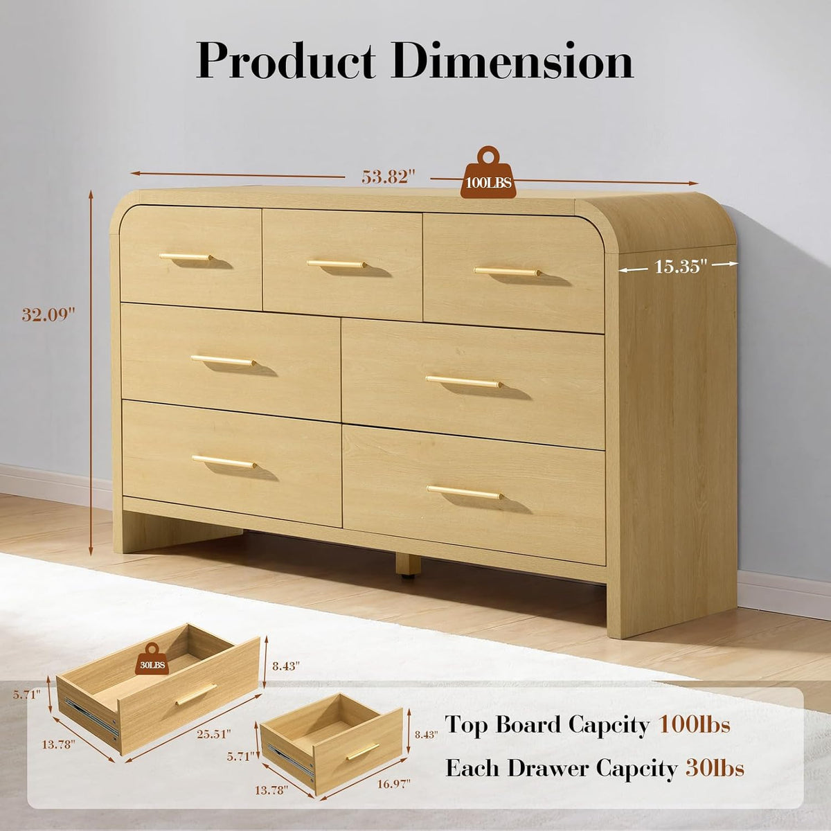 Curved Drawer Dresser for Bedroom with 7 Drawers, 54'' Wide Chest of Drawer