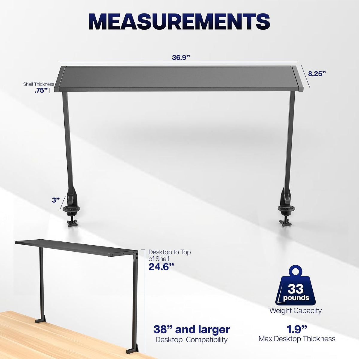 VIVO Black Clamp-on 38 in Overhead Desk Shelf Mount, DESK-SHELF38-B