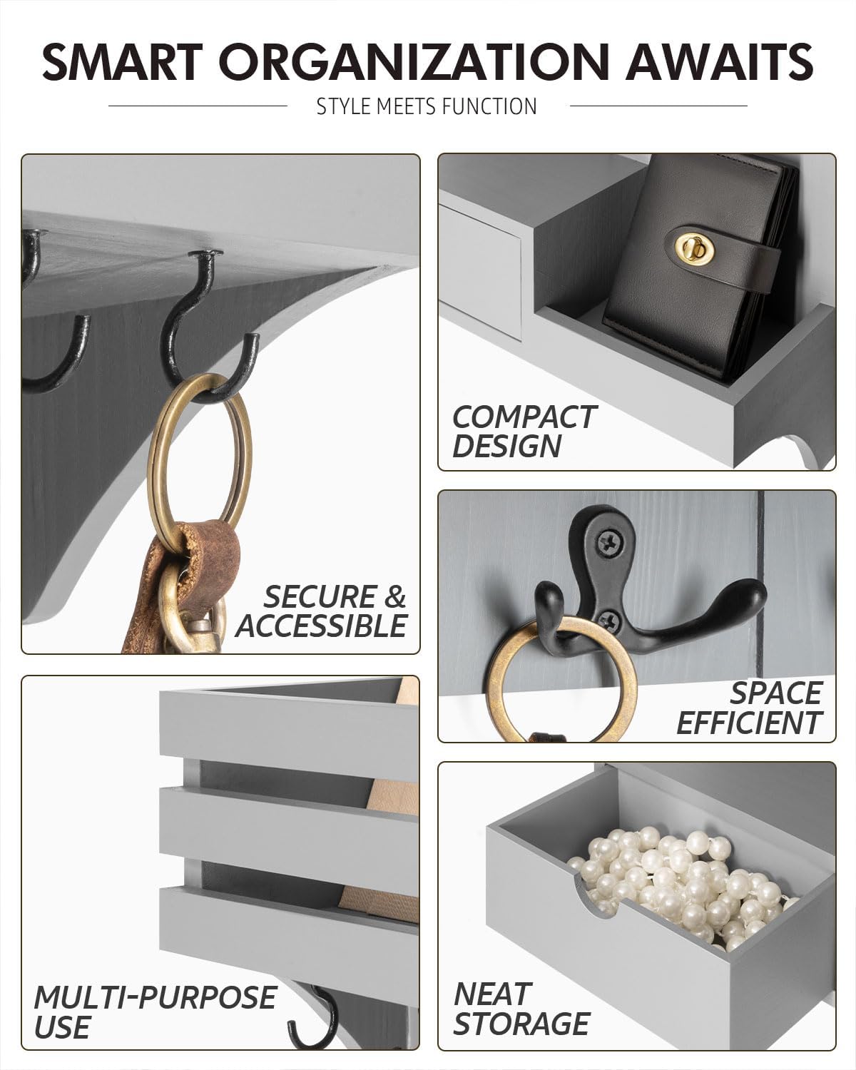 Rebee Vision Key Holder Wall Mount with Drawer & Shelf for Entryway, Gray