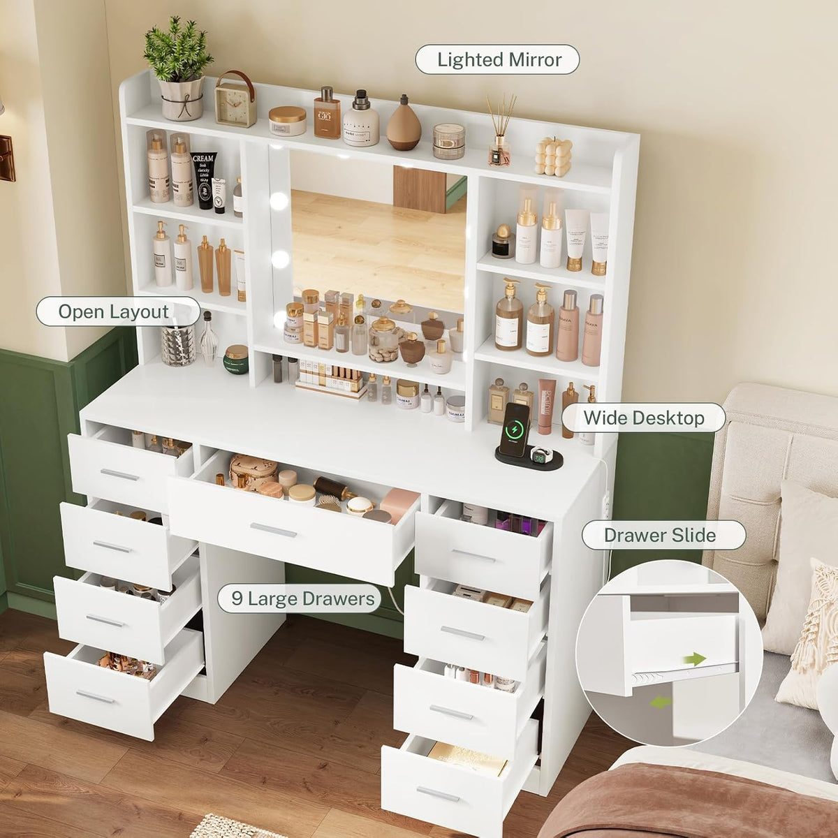 FIONESO Vanity Desk with Mirror and Lights, Power Outlet, Makeup Vanity with 9 Drawers & 6 Open Storage Shelves, 3 Lighting Modes Brightness Adjustable, White