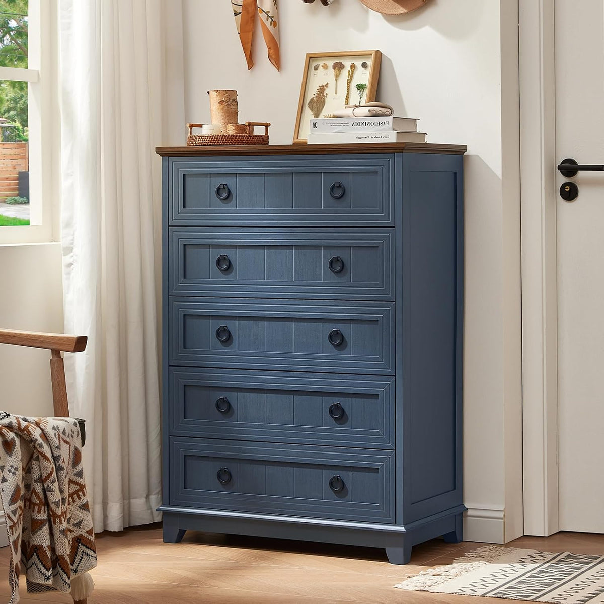 Joaxswe Farmhouse 5 Drawer Dresser for Bedroom, 42" Tall Small Dressers & Chest of Drawers, Rustic Wood Dresser with Metal Handle, Storage Organizer Closet for Living Room, Hallway, Entryway