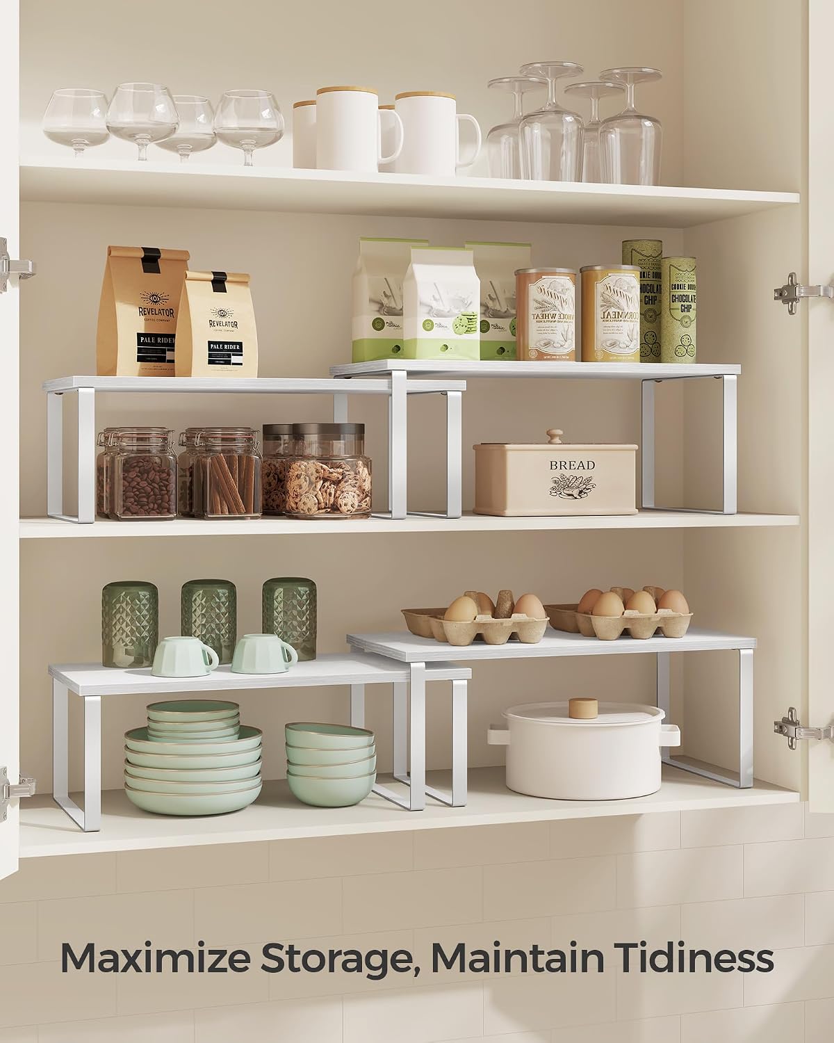 SONGMICS Cabinet Organizer Shelf, Set of 4, Stackable, Expandable