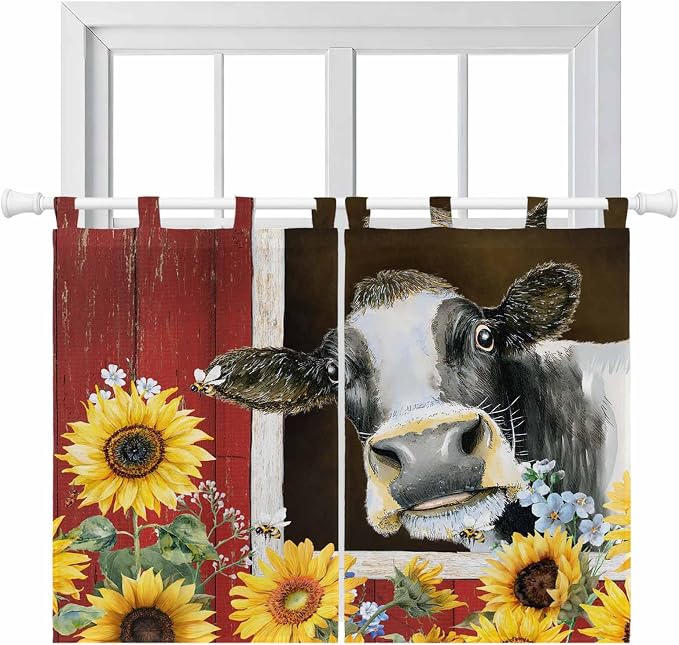 Cows Sunflowers Kitchen Curtains 45 Inch Length, Short Cafe Window Curtains Tab
