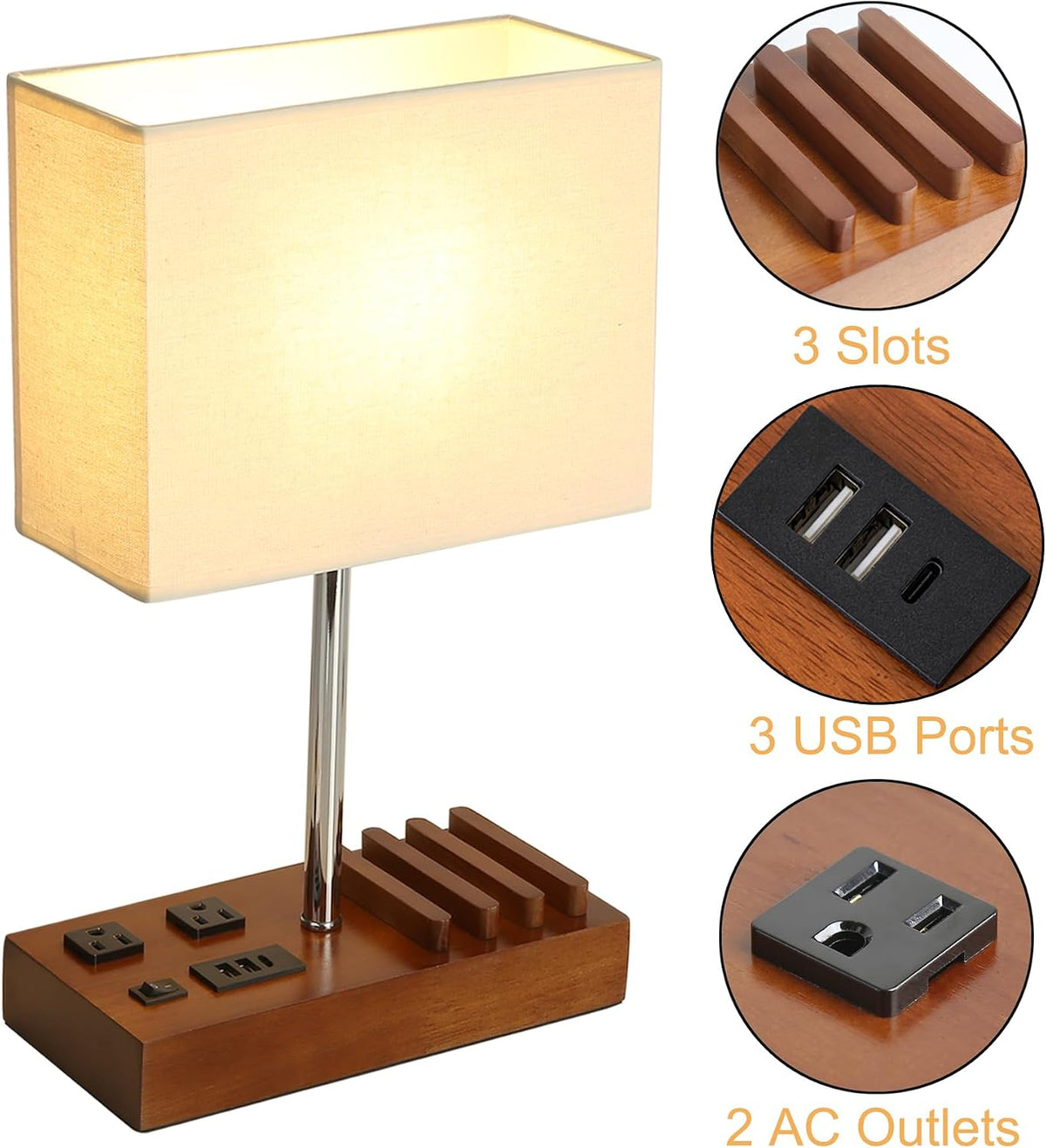 Briever USB Table Lamp, Multi-Functional Desk Lamp with 2 AC Outlets, Bedside Lamp with 3 USB Charging Ports and Wooden Phone Stands, Nightstand Lamp for Bedroom, Livingroom, Office, Walnut Wood