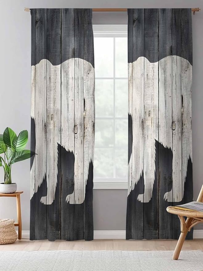 Sheer Curtains 96 Inches Long, Rustic Counrty Vintage Wood Grain Privacy Voile