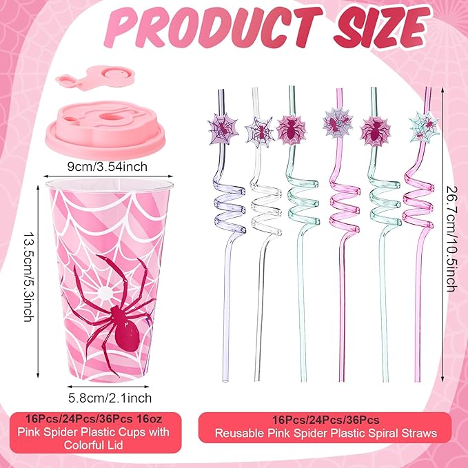 Yungyan 36 Sets Pink Spider Party Favors Goodie Cups with Lids and Straws for Halloween Party Decorations Reusable 16oz Plastic Candy Cups Plastic Straws for Birthday Gift (Pink Spider)