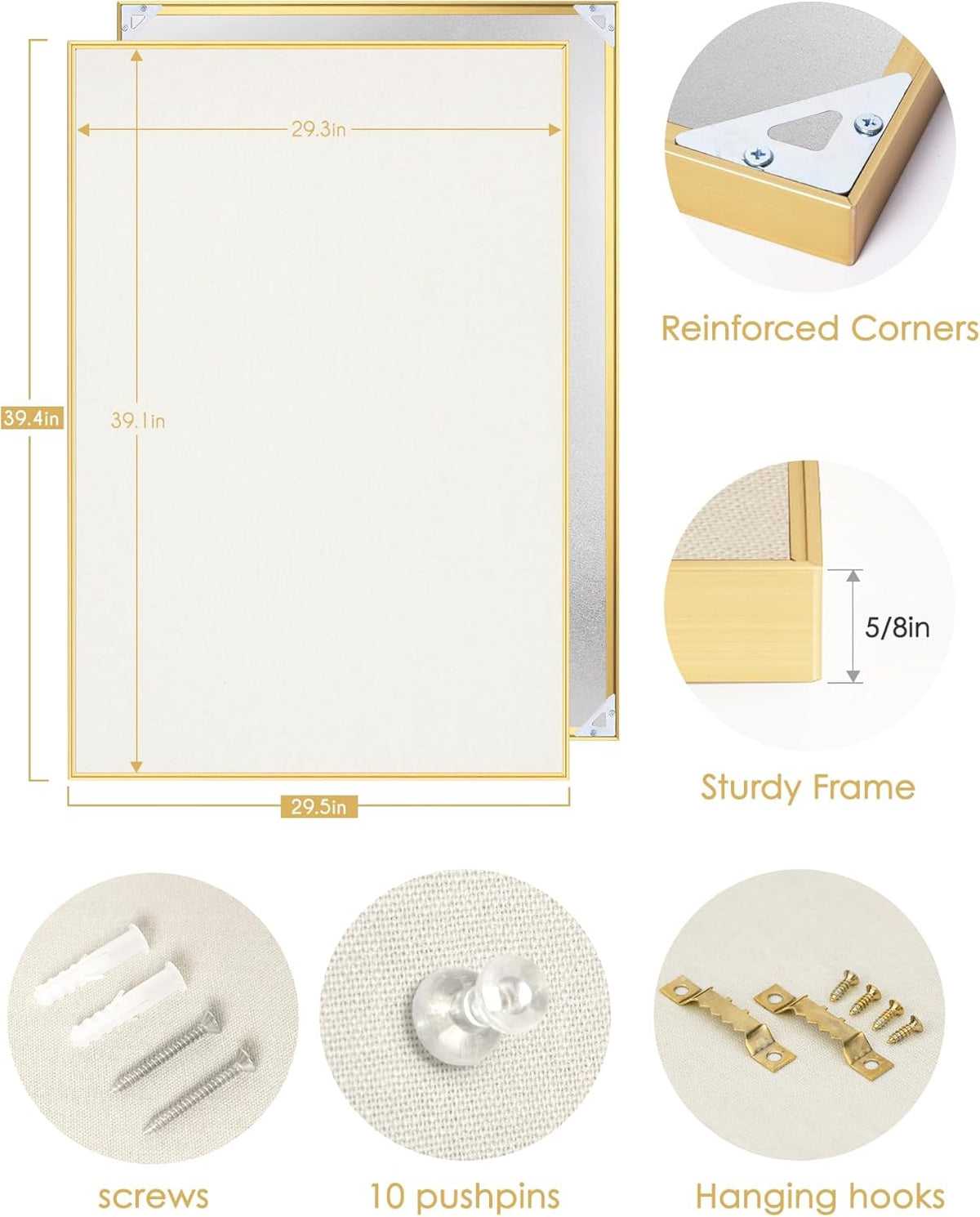 Fabric Bulletin Board 40x30 inches, Golden Aluminum Framed Wall Pin Board