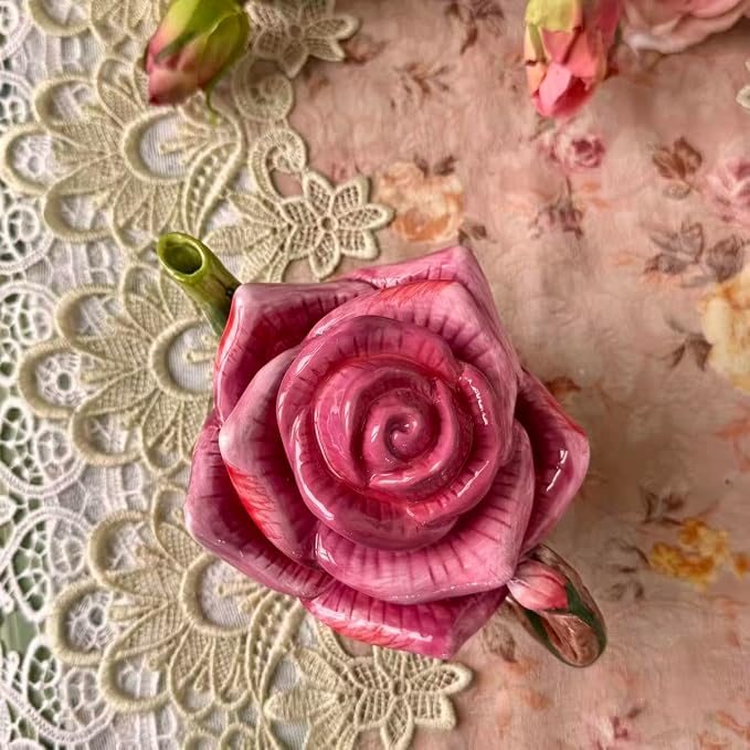 Ceramic Rose Tea Pot Set, 3D Hand-painted Rose Red Flower Cup and Green Leaves