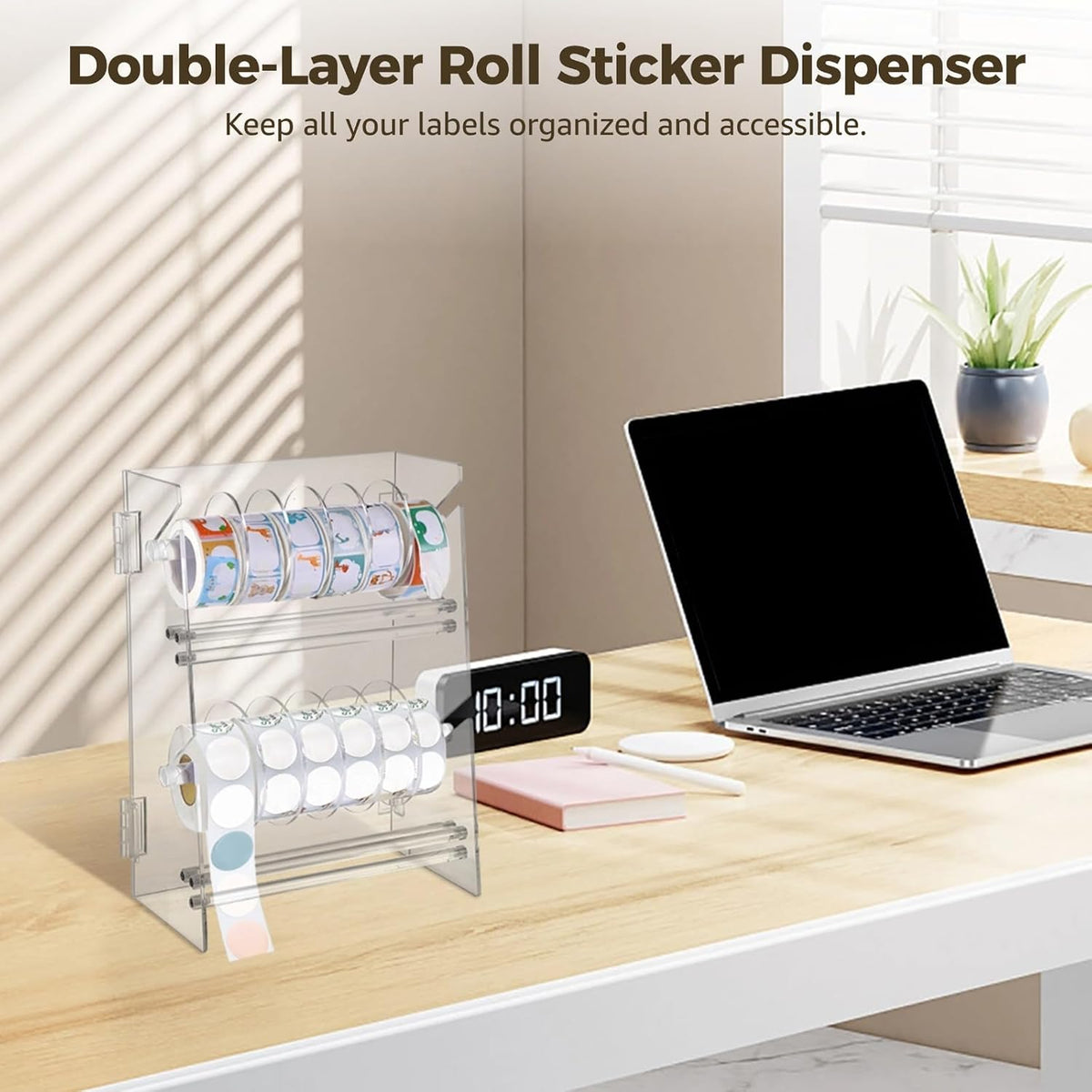 Double-Layer Acrylic Roll Sticker Dispenser, Foldable Label Roll Holder, 2-Tier Label Display Stand with Screwdriver & Screws, Transparent Label Organizer for Homes, Offices, Schools