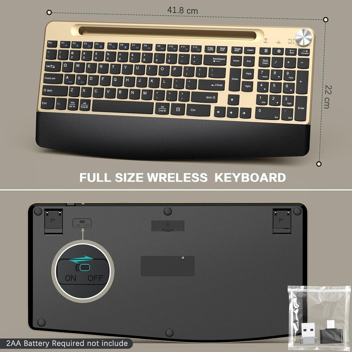GAMCATZ Ergonomic Wireless Keyboard with Wrist Rest-Low-Profile,Phone/Tablet Holder,Quiet Design，Windows & Mac OS，Full Size Cordless USB Computer Keyboard for Desktop,Laptop, PC, Mac, Windows-Black