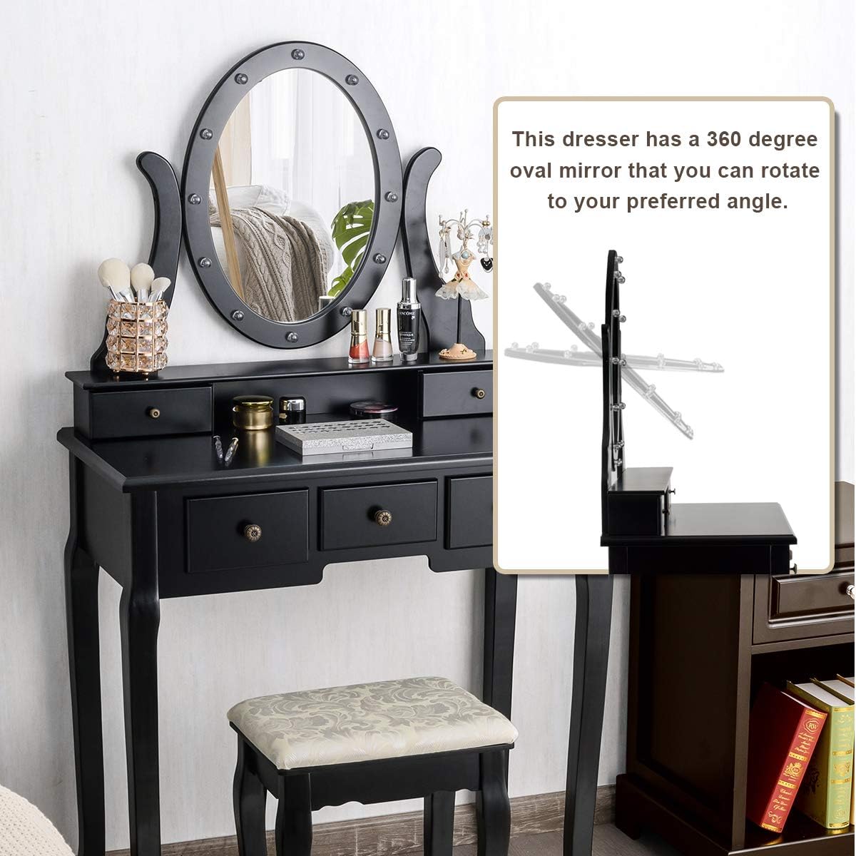 GOFLAME Vanity Set with 360° Rotating Oval Makeup Mirror, Dressing Table & Cushioned Stool Set with 5 Sliding Drawers & 12 LED Lights, Detachable Top, Perfect for Dressing Room, Bedroom (Black)