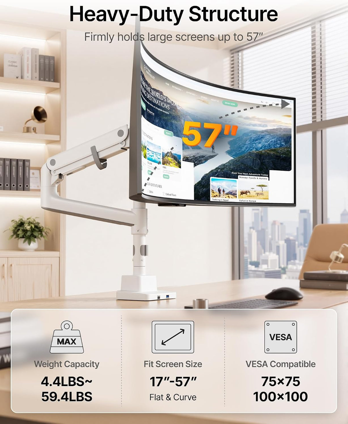 monTEK Ultrawide Monitor Arm Max 57",Height Adjustable 25.5",with USB，White