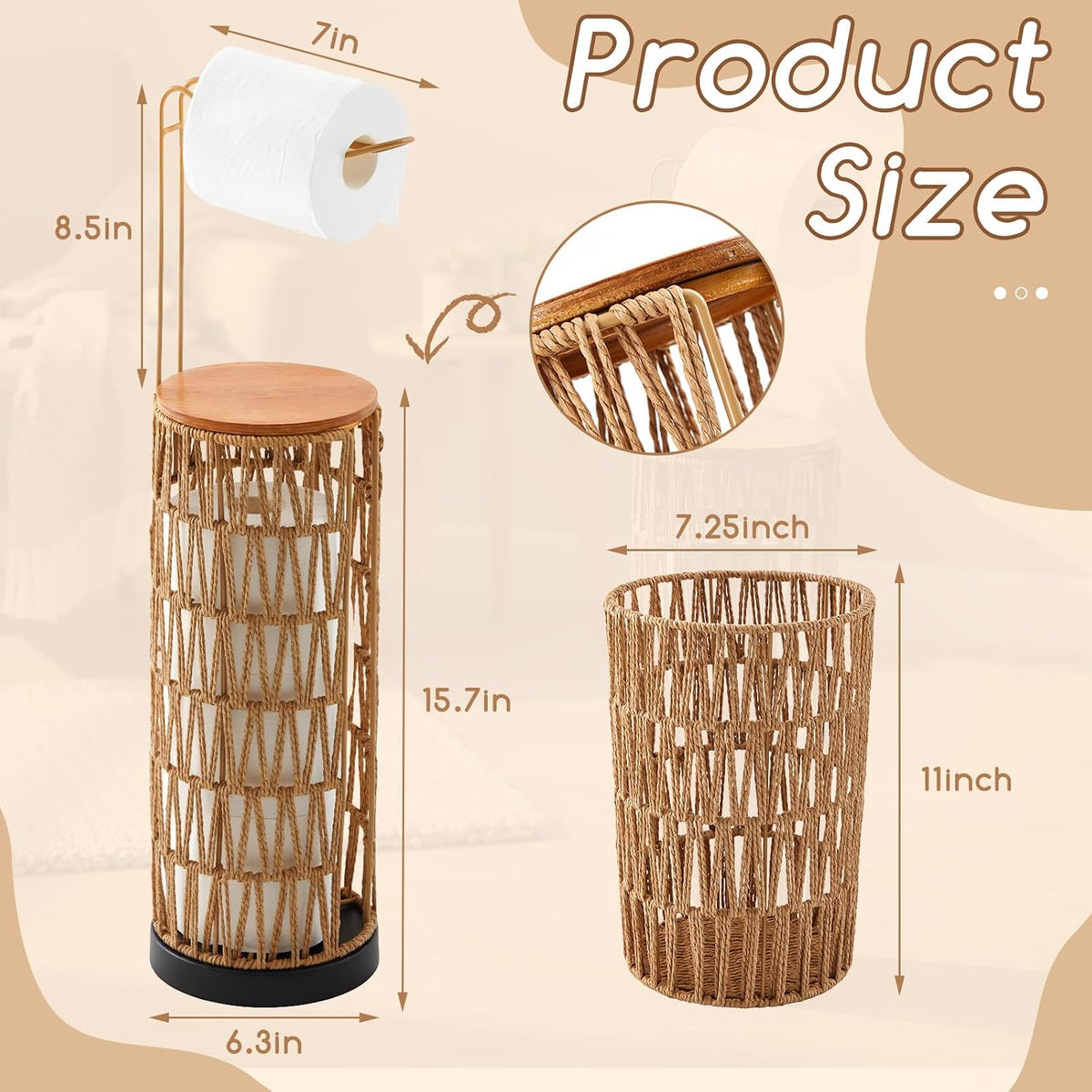 Geiserailie 2 Pcs Wicker Toilet Paper Holder and Wicker Waste Basket Set Boho Woven Toilet Paper Storage with Lid Rattan Bathroom Trash Can for Bedroom, Bathroom, Kitchen, Office, Balcony