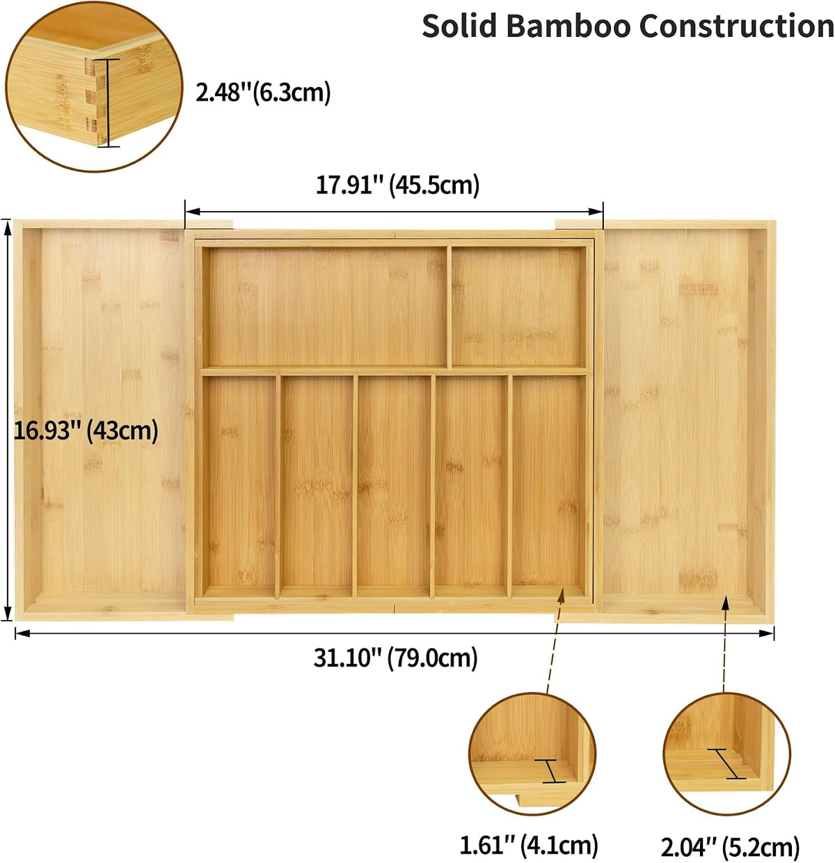 Utoplike Extra Large Kitchen Drawer Organizer, Solid Bamboo Silverware Tray
