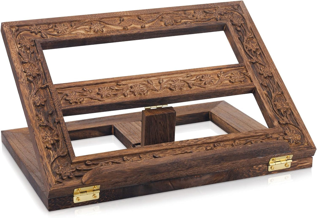 DERTE Adjustable Wooden Bible Stand Carved Missal Book Holder for Table