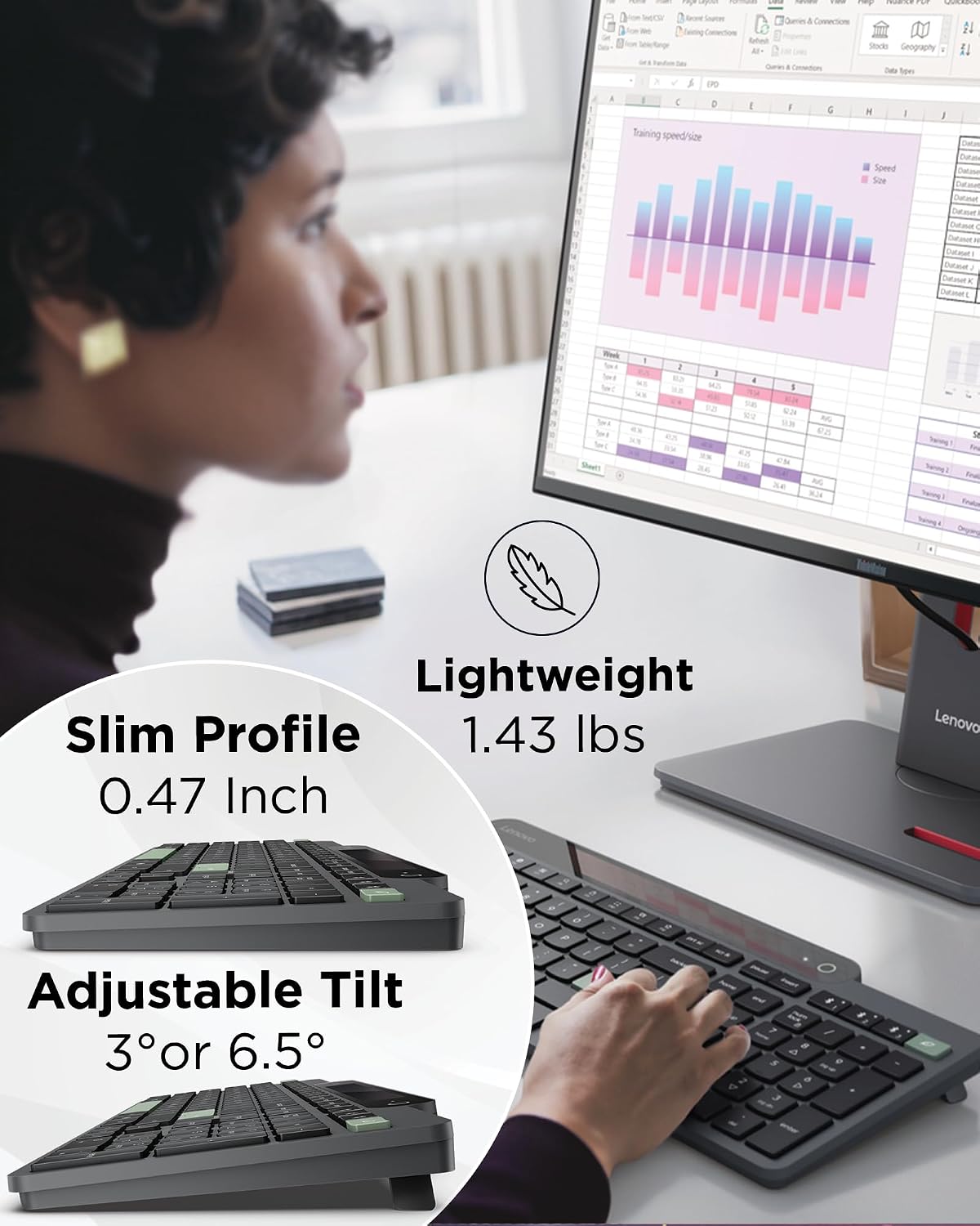 Lenovo 800 Self-Charging Bluetooth Keyboard, Uses Ambient Light, Bluetooth 5.1, Supports 3 Devices, Battery Free, Wireless, Grey