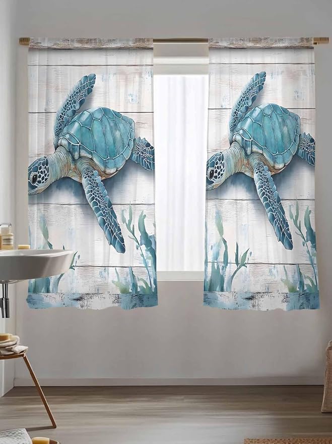 Sheer Curtains 72 Inches Long, Teal Green Sea Turtle Semi Sheer Curtains Light