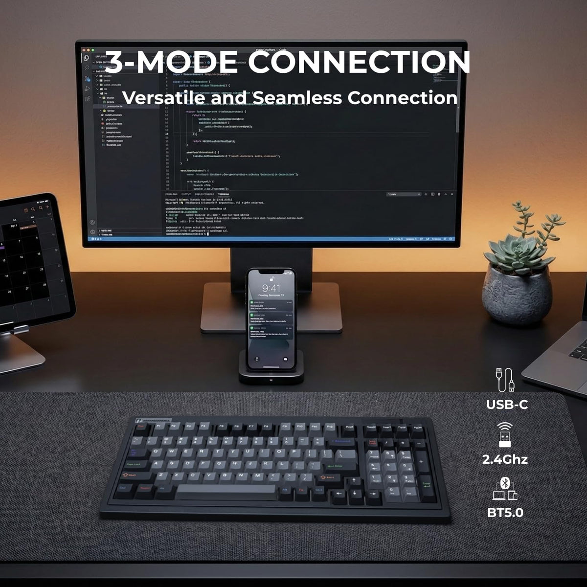 FL·ESPORTS OG98 Tri-Mode Retro Mechanical Keyboard, 96% Gasket Mount Hot Swappable Gaming Keyboard, PBT Keycaps, 4000mAh for Mac/PC - Pre-lubed Creamy Linear Switches | Black