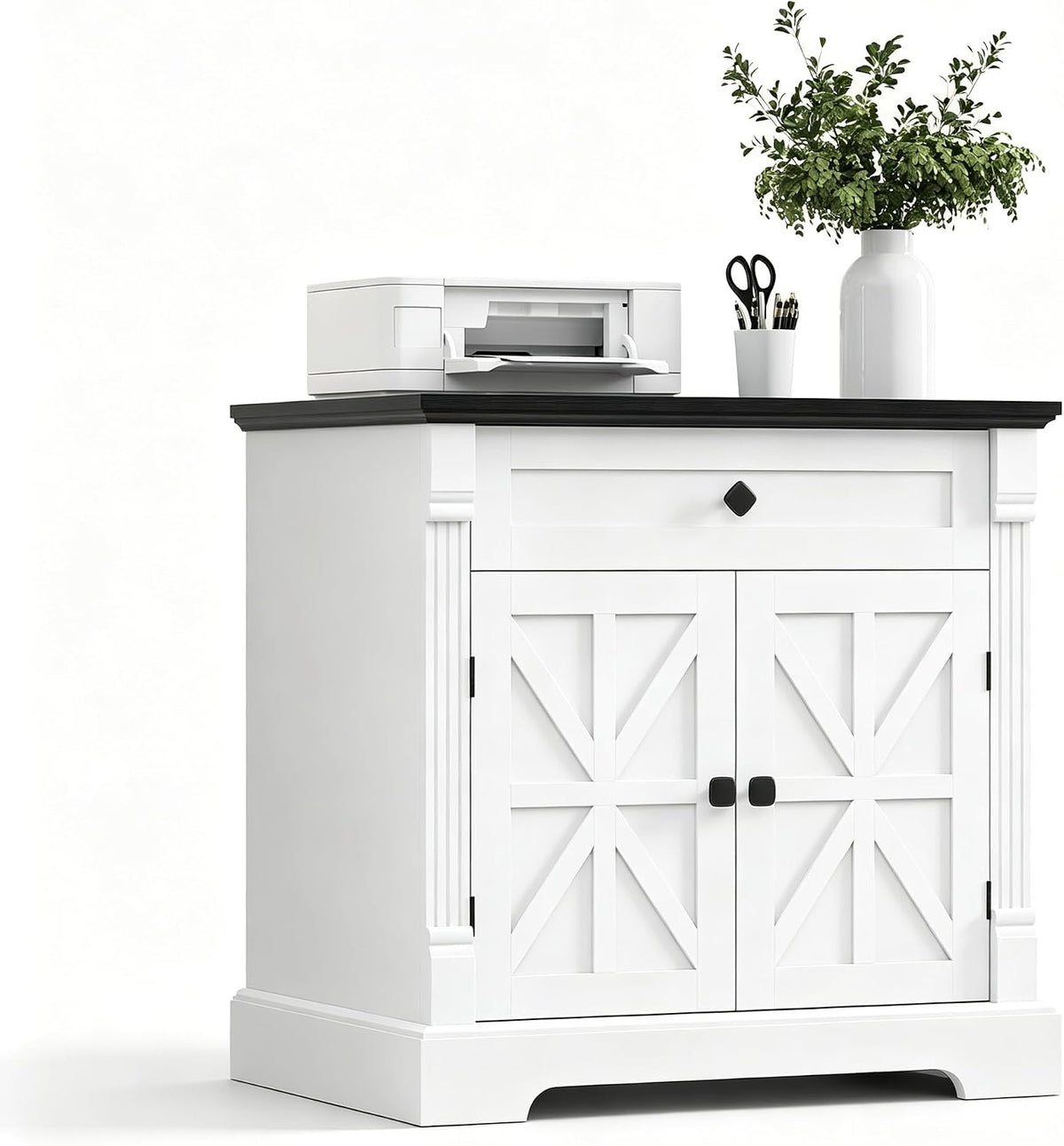 Bigbiglife Farmhouse Printer Stand, 29.9" Wide, Black Top & White Finish